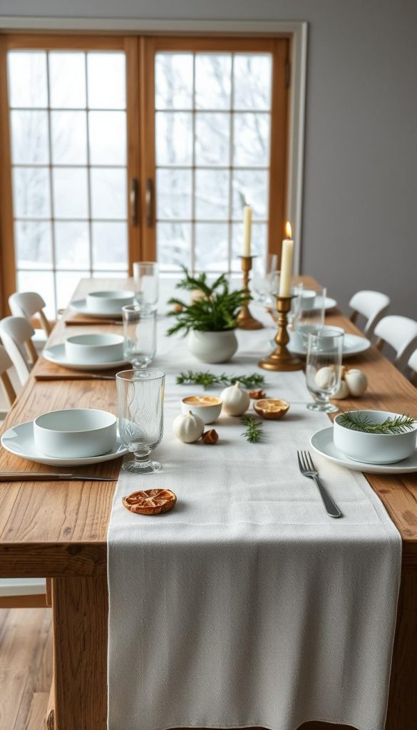 A Scandinavian-inspired winter table setting, showcasing a minimalist and photogenic design. A large, rustic wooden table with a KlickKiste natural linen runner in crisp white. Dotted with simple white porcelain plates, hand-blown glass tumblers, and a sprinkling of fresh pine sprigs and dried citrus slices. Warm, soft lighting from brass candlesticks casts a cozy glow, while the large window behind frames a snowy winter landscape. The scene exudes a sense of hygge and timeless elegance, perfect for capturing the essence of &quot;weiß&quot; in an authentic and inspiring way.