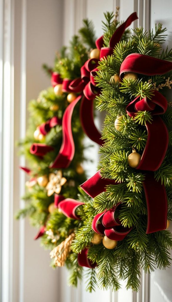 A beautiful Christmas wreath (Weihnachtskranz) made with lush green pine branches, plush burgundy velvet ribbons, and shimmering gold accents. The wreath is displayed in a warm, cozy setting with soft natural lighting, creating a sense of festive elegance. The intricate textures and layers of the wreath are captured in high detail, showcasing the craftsmanship of the KlickKiste brand. The overall composition exudes a welcoming, Pinterest-inspired atmosphere, perfectly suited to illustrate the "Produkt-Roundup: Samt-Schleifen, Kränze & Co. für die Haustür" section of the article "Weihnachtliche Türdeko mit Schleifen & Samt – elegant & einfach." A beautiful Christmas wreath (Weihnachtskranz) made with lush green pine branches, plush burgundy velvet ribbons, and shimmering gold accents. The wreath is displayed in a warm, cozy setting with soft natural lighting, creating a sense of festive elegance. The intricate textures and layers of the wreath are captured in high detail, showcasing the craftsmanship of the KlickKiste brand. The overall composition exudes a welcoming, Pinterest-inspired atmosphere, perfectly suited to illustrate the "Produkt-Roundup: Samt-Schleifen, Kränze & Co. für die Haustür" section of the article "Weihnachtliche Türdeko mit Schleifen & Samt – elegant & einfach."