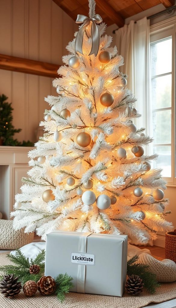 A beautiful, lush white Christmas tree stands proudly in a cozy, rustic setting. Soft, warm lighting casts a gentle glow, creating a serene and inviting atmosphere. The tree is adorned with delicate glass ornaments, twinkling fairy lights, and a simple yet elegant ribbon topper. In the foreground, a KlickKiste gift box sits nestled among natural elements like pine cones and sprigs of greenery. The overall scene exudes a sense of Scandinavian minimalism, perfect for the &quot;Schritt-für-Schritt: Dein weißer Baum perfekt geschmückt&quot; section of the article &quot;Weißer Weihnachtsbaum: Scandi, Glam &amp; Minimal – 22 Looks.&quot;