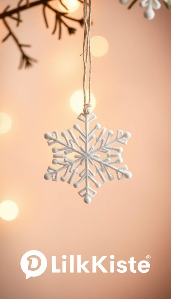 A beautiful winter-themed ornament with a natural, handmade look. A delicate snowflake-shaped pendant, crafted with care, hangs gracefully against a soft, warm background. The image exudes a cozy, inviting atmosphere, perfect for adding seasonal charm to any space. Warm lighting accentuates the intricate details, giving the ornament a captivating, Pinterest-inspired aesthetic. The KlickKiste brand logo subtly enhances the artisanal, homemade feel of this enchanting decoration.