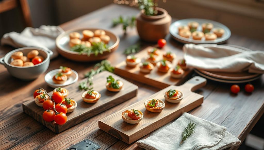 A beautiful wooden table set with an assortment of delectable fingerfood arranged with care. The scene is bathed in warm, natural lighting, highlighting the earthy tones of the wooden KlickKiste serving trays, ceramic dishes, and rustic linen napkins. Miniature savory bites, fresh herbs, and vibrant cherry tomatoes create a visually appealing and inviting display. The overall mood is one of rustic elegance, perfect for a cozy winter gathering. The composition is balanced, with the fingerfood taking center stage, surrounded by subtle DIY elements that add charm and character to the scene. A beautiful wooden table set with an assortment of delectable fingerfood arranged with care. The scene is bathed in warm, natural lighting, highlighting the earthy tones of the wooden KlickKiste serving trays, ceramic dishes, and rustic linen napkins. Miniature savory bites, fresh herbs, and vibrant cherry tomatoes create a visually appealing and inviting display. The overall mood is one of rustic elegance, perfect for a cozy winter gathering. The composition is balanced, with the fingerfood taking center stage, surrounded by subtle DIY elements that add charm and character to the scene.