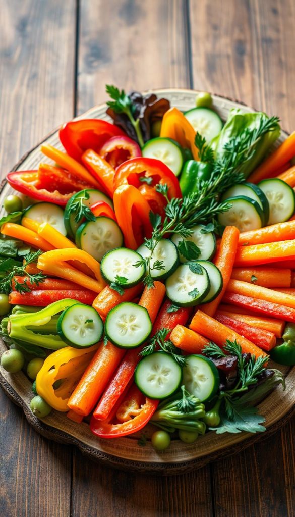 A beautifully arranged vegetable platter featuring a vibrant assortment of seasonal produce. Artfully placed slices of colorful bell peppers, crisp carrots, juicy cucumber, and fresh herbs create a visually appealing and inviting display. The platter is presented on a rustic wooden surface, accentuating the natural textures and tones. Soft, warm lighting casts a cozy, winter-inspired ambiance, evoking a sense of comfort and homemade charm. The overall composition exudes a genuine, Pinterest-inspired aesthetic, inspiring viewers to create their own DIY vegetable platters.