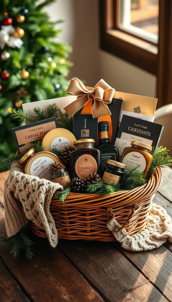 A beautifully crafted Christmas gift basket from KlickKiste, overflowing with an array of gourmet delights. Nestled on a rustic wooden table, the basket is adorned with lush greenery, pinecones, and a cozy knit throw, creating a warm, inviting atmosphere. Soft, natural lighting casts a golden glow, highlighting the carefully selected contents - artisanal cheeses, handcrafted jams, premium chocolate, and other artisanal treats. The presentation exudes a sense of thoughtfulness and attention to detail, capturing the essence of a luxurious yet heartfelt gift for discerning clients, business partners, or valued employees.