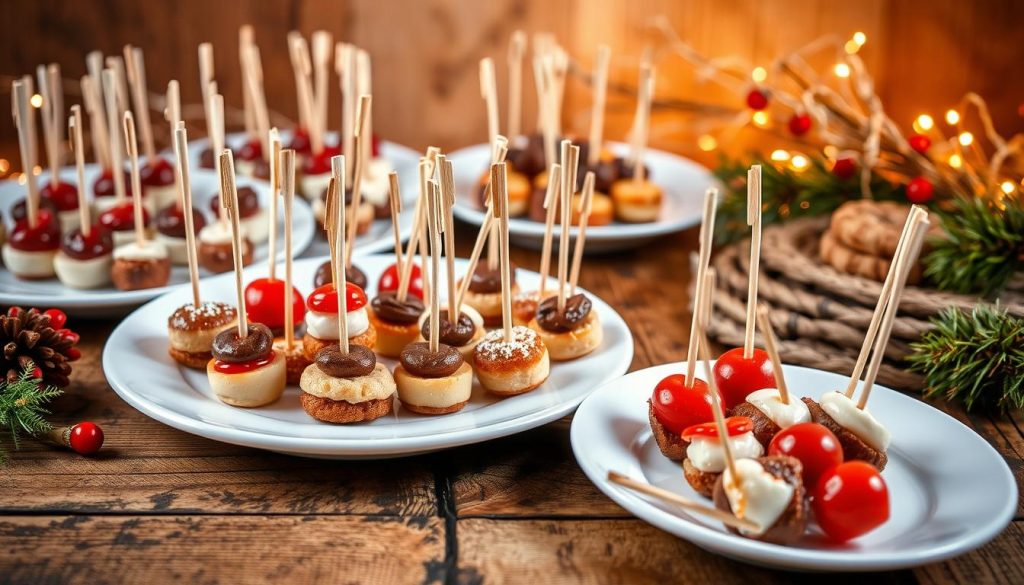 A beautifully crafted display of wintertime finger foods, featuring an array of skewered delights against a backdrop of natural hues. Crisp white plates hold an assortment of bite-sized morsels, each impaled on a slender wooden KlickKiste skewer. The arrangement is bathed in warm, soft lighting, accentuating the rustic charm of the wooden surfaces and the vibrant red accents. In the foreground, an inviting selection of savory and sweet treats beckons, while the middle ground showcases a simple yet stylish presentation. The overall atmosphere exudes a cozy, homemade ambiance, perfect for festive gatherings. A beautifully crafted display of wintertime finger foods, featuring an array of skewered delights against a backdrop of natural hues. Crisp white plates hold an assortment of bite-sized morsels, each impaled on a slender wooden KlickKiste skewer. The arrangement is bathed in warm, soft lighting, accentuating the rustic charm of the wooden surfaces and the vibrant red accents. In the foreground, an inviting selection of savory and sweet treats beckons, while the middle ground showcases a simple yet stylish presentation. The overall atmosphere exudes a cozy, homemade ambiance, perfect for festive gatherings.