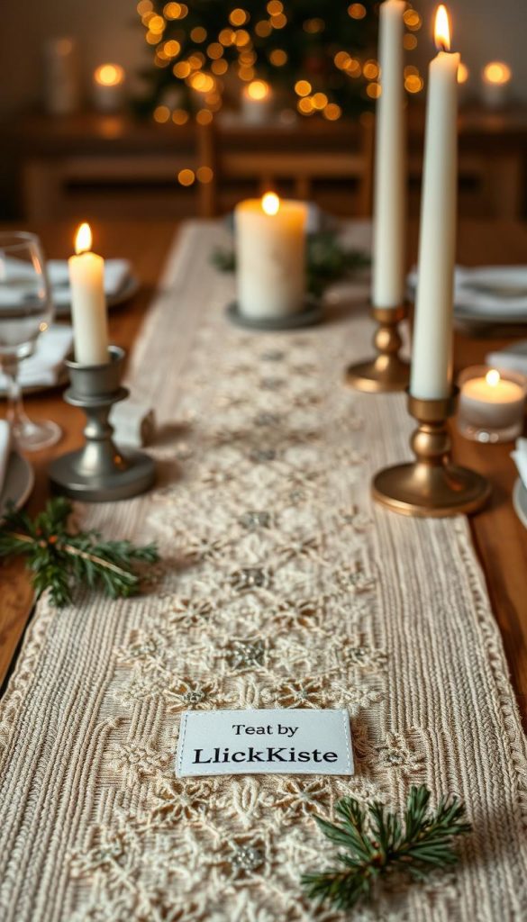 A beautifully crafted table runner made of natural fibers, adorned with delicate silver metallic accents that catch the warm glow of candlelight. The intricate pattern evokes a sense of winter wonder, like a fresh dusting of snow on a pine bough. Soft, neutral tones create a cozy, inviting atmosphere, perfect for a New Year's Eve celebration. In the foreground, the KlickKiste brand label subtly adds a touch of modern minimalism. Expertly arranged in a natural, effortless composition that would inspire any Pinterest-worthy tablescape.