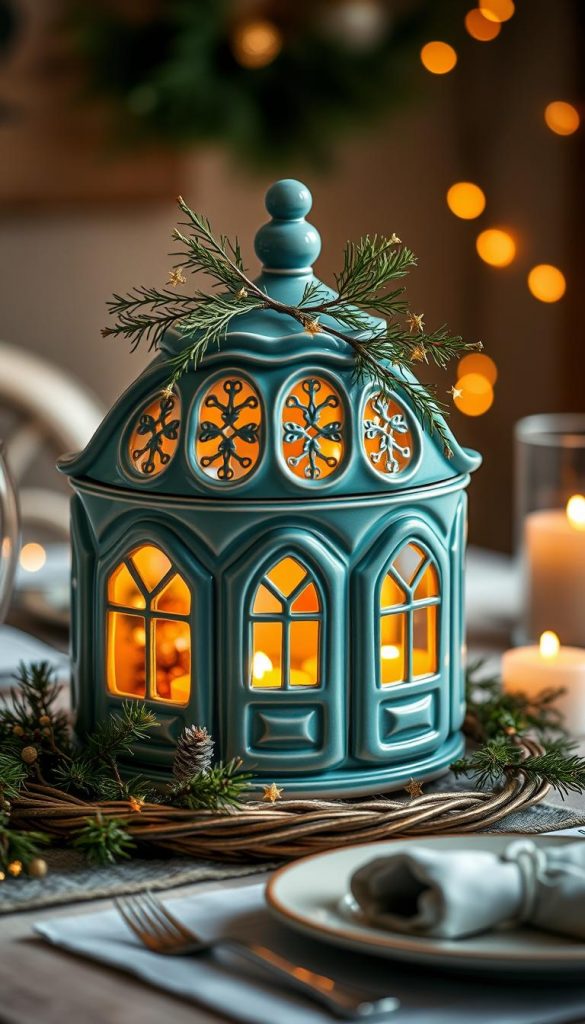 A beautifully crafted teal ceramic teller, adorned with delicate sprigs of evergreen and a sprinkling of gold stars. The teller is bathed in warm, soft lighting, casting a cozy, inviting glow over the table setting. The composition is balanced and visually appealing, with the teller taking center stage. The overall mood is one of winter elegance and rustic charm, perfectly capturing the essence of a gemütlich Christmas table. The image exudes a sense of natural beauty and artisanal craftsmanship, radiating a Pinterest-worthy aesthetic.