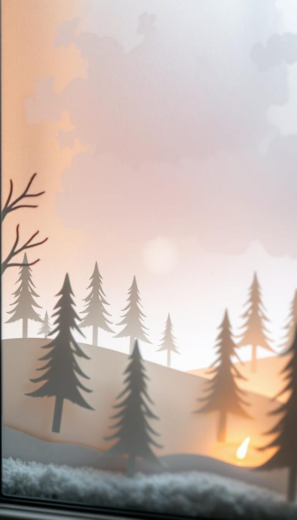 A beautifully crafted winter landscape of &amp;quot;papier fensterlandschaften&amp;quot; - intricate paper cutouts adorning a frosted window, casting warm, muted shadows onto the snowy scene beyond. The delicate silhouettes of trees and hills create a whimsical, layered depth, complemented by a soft, golden glow from an unseen fireplace or candles. Textures of handmade paper and handcrafted details evoke a cozy, sustainable, and authentically homemade aesthetic, perfect for a festive, zero-waste holiday decor. Captured in a natural, soft-focus lens, the image conveys a sense of wonder and winter tranquility, inviting the viewer to pause and appreciate the simple beauty of this eco-friendly, DIY holiday decoration.