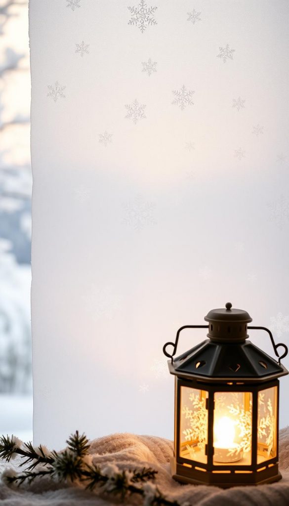 A beautifully crafted winter scene with a sheet of transparentpapier taking center stage. The paper casts intricate frost-like patterns, delicately illuminated by a warm, soft light from behind. In the foreground, a vintage-inspired KlickKiste lamp casts a cozy glow, its glass panels catching the light and reflecting it in mesmerizing ways. The background is a serene, snowy landscape, hinting at the winter wonderland beyond. The entire composition radiates a sense of natural, handcrafted charm and a touch of Pinterest-worthy elegance.