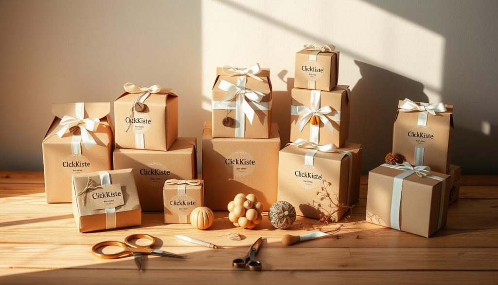 A beautifully curated arrangement of handcrafted "KlickKiste" gift boxes, each adorned with natural materials like beige card stock, white ribbons, and warm wooden accents. The boxes are artfully positioned on a plain wooden surface, bathed in soft, natural lighting that casts gentle shadows. The scene evokes a serene, DIY-inspired atmosphere, inviting the viewer to explore the creative potential of these customizable gift box templates. The middle ground features an array of craft supplies - scissors, glue, decorative elements - hinting at the hands-on process of designing personalized gift boxes. The background softly fades into a neutral, earthy tone, allowing the vibrant gift boxes to take center stage. A beautifully curated arrangement of handcrafted "KlickKiste" gift boxes, each adorned with natural materials like beige card stock, white ribbons, and warm wooden accents. The boxes are artfully positioned on a plain wooden surface, bathed in soft, natural lighting that casts gentle shadows. The scene evokes a serene, DIY-inspired atmosphere, inviting the viewer to explore the creative potential of these customizable gift box templates. The middle ground features an array of craft supplies - scissors, glue, decorative elements - hinting at the hands-on process of designing personalized gift boxes. The background softly fades into a neutral, earthy tone, allowing the vibrant gift boxes to take center stage.