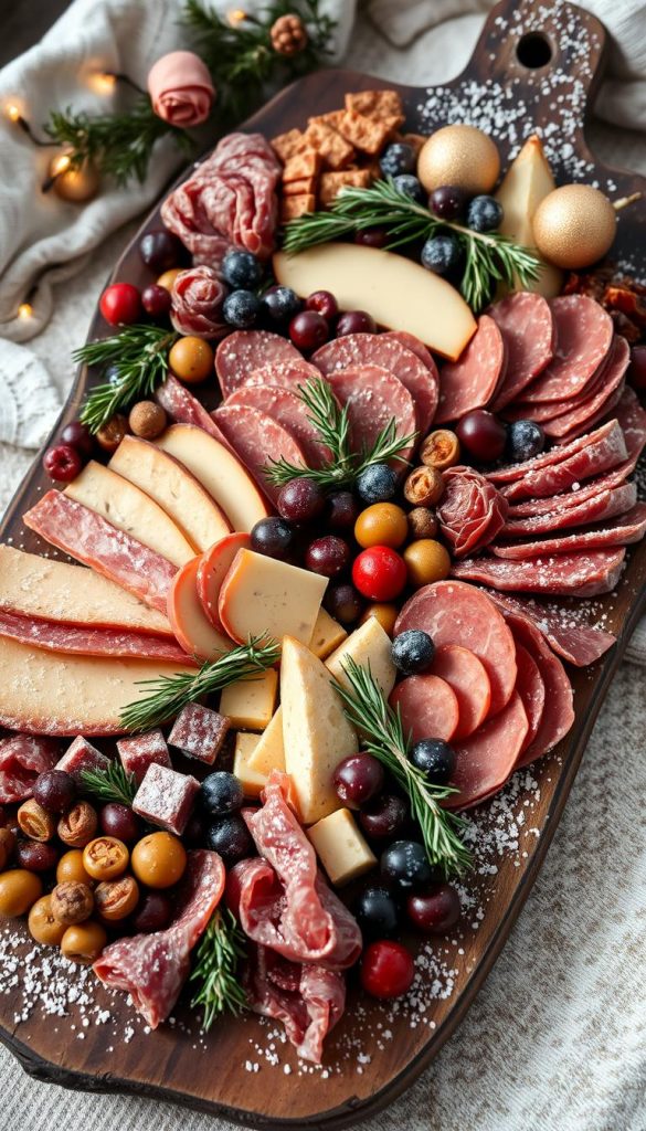 A beautifully curated winter-inspired charcuterie board, artfully arranged with an assortment of savory meats, cheeses, olives, and dried fruits. The rustic wooden platter is adorned with sprigs of fresh rosemary, pine branches, and a light dusting of powdered sugar, evoking a cozy, snow-kissed ambiance. Soft, warm lighting casts a gentle glow, highlighting the natural textures and earthy tones. The scene exudes a sense of hygge, inviting the viewer to gather around and savor the simple pleasures of the season. This visually captivating display is Pinterest-worthy, yet maintains an authentic, homemade charm.