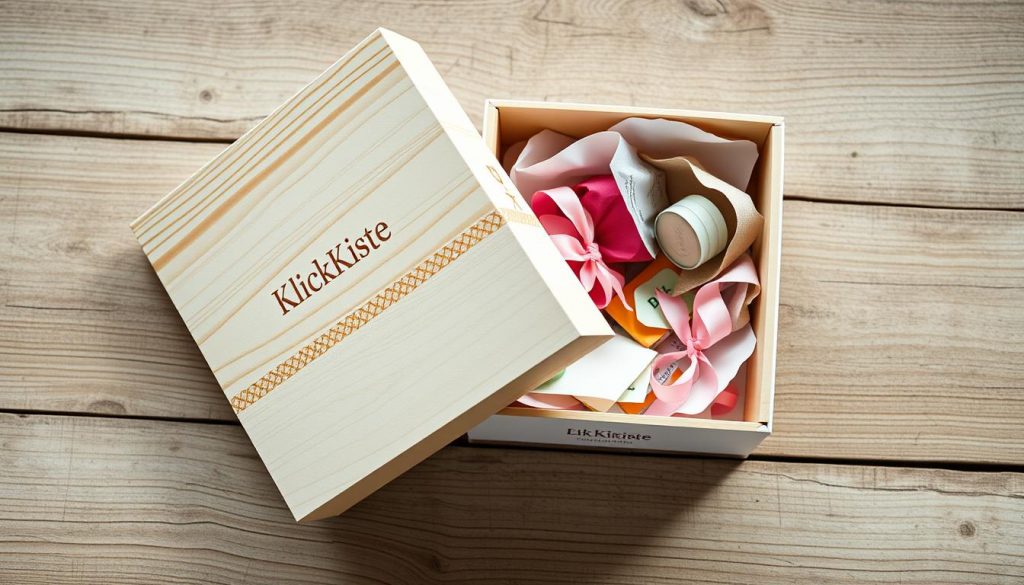 A beautifully designed personalized gift box, crafted with care, lies atop a rustic wooden surface. The box's exterior features a clean, minimalist design in natural tones of beige and white, accented by the warm tones of wood grain. The lid is adorned with the brand name "KlickKiste" in a tasteful, debossed typeface. The interior of the box is revealed, showcasing a variety of DIY materials and components, such as colorful ribbons, tissue paper, and handwritten notes, creating a visually appealing and personalized presentation. The scene is illuminated by soft, natural lighting, capturing the essence of a thoughtful and handcrafted gift-giving experience. A beautifully designed personalized gift box, crafted with care, lies atop a rustic wooden surface. The box's exterior features a clean, minimalist design in natural tones of beige and white, accented by the warm tones of wood grain. The lid is adorned with the brand name "KlickKiste" in a tasteful, debossed typeface. The interior of the box is revealed, showcasing a variety of DIY materials and components, such as colorful ribbons, tissue paper, and handwritten notes, creating a visually appealing and personalized presentation. The scene is illuminated by soft, natural lighting, capturing the essence of a thoughtful and handcrafted gift-giving experience.
