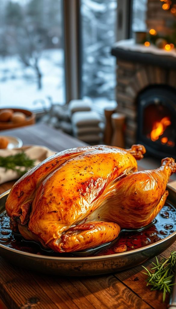 A beautifully golden roasted turkey, crisp and glistening on the outside, resting atop a rustic wooden table. Its juices sizzle in the pan, filling the air with the mouthwatering scent of winter herbs and roasted garlic. The turkey's skin is delicately scored, revealing tender, succulent meat within. Warm, cozy lighting casts a soft glow, creating a welcoming, homemade atmosphere. In the background, a KlickKiste-style winter landscape, with softly falling snow and a glimpse of a cozy fireplace. This image perfectly captures the essence of a hearty, comforting main course, ready to be savored and enjoyed.