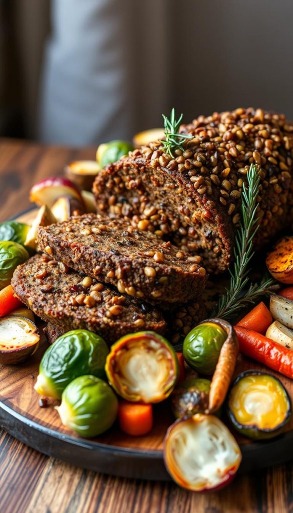 A beautifully plated vegetarian holiday feast featuring a mouthwatering nut and lentil roast, surrounded by an array of perfectly cooked seasonal vegetables. The roast is presented on a rustic wooden board, its rich, earthy hues complemented by the vibrant greens, golds, and reds of the roasted brussels sprouts, carrots, and parsnips. Warm, soft lighting casts a cozy, inviting glow, while a simple sprig of fresh rosemary adds a touch of natural, festive charm. The overall scene exudes a homemade, artisanal quality, capturing the essence of a nourishing, plant-based holiday gathering.