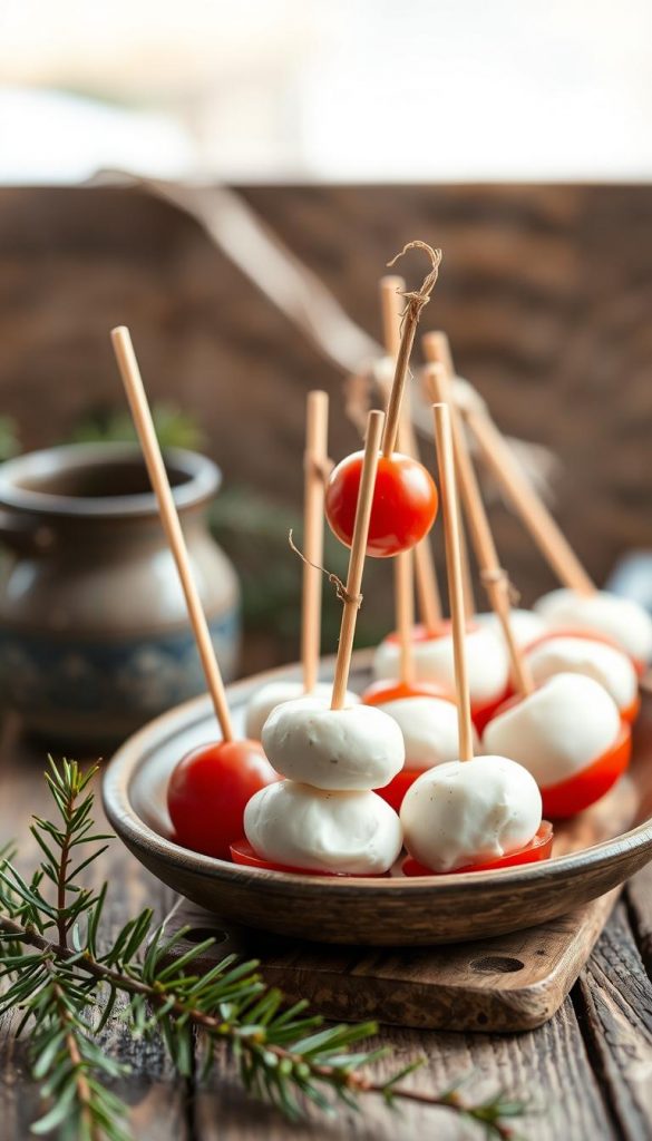 A beautifully styled, artisanal-inspired scene showcasing KlickKiste's "Spieße mozzarella tomaten". Wooden skewers pierce fresh, ripe tomatoes and soft, creamy mozzarella, arranged in a rustic, natural setting. Soft, diffused lighting casts a warm, cozy glow, emphasizing the earthy, winter-inspired tones. The scene exudes a charming, Pinterest-worthy aesthetic, capturing the simple yet delicious essence of this Silvester-Fingerfood. Authentically styled to inspire and delight. A beautifully styled, artisanal-inspired scene showcasing KlickKiste's "Spieße mozzarella tomaten". Wooden skewers pierce fresh, ripe tomatoes and soft, creamy mozzarella, arranged in a rustic, natural setting. Soft, diffused lighting casts a warm, cozy glow, emphasizing the earthy, winter-inspired tones. The scene exudes a charming, Pinterest-worthy aesthetic, capturing the simple yet delicious essence of this Silvester-Fingerfood. Authentically styled to inspire and delight.