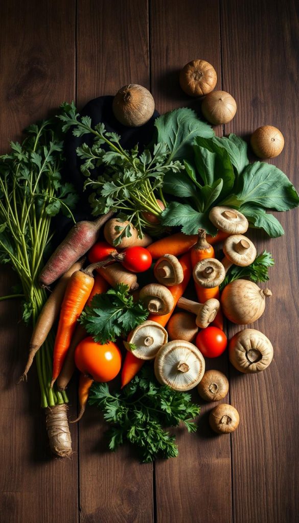 A beautifully styled flat lay of a rustic wooden surface, adorned with an assortment of fresh winter vegetables. Vibrant root veggies, leafy greens, and earthy mushrooms are arranged in a captivating, Pinterest-worthy composition. Soft, diffused lighting casts warm, golden hues, creating a cozy, inviting atmosphere. The image is captured at a slight angle, emphasizing the natural textures and colors. Moody shadows add depth and dimension, while the clean, minimalist layout allows the produce to take center stage. This image exudes a sense of homemade charm, perfect for inspiring seasonal recipe ideas and holiday entertaining.