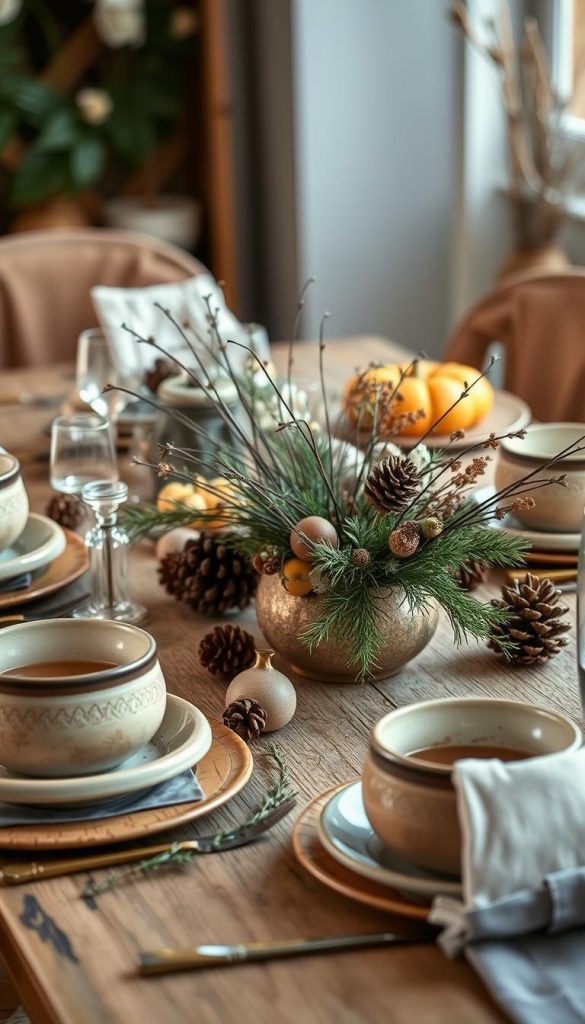 A beautifully styled rustic table setting for a cozy Friendsgiving celebration. Warm, natural tones of wood and earthy ceramics create a charming and inviting ambiance. Sprigs of greenery, pinecones, and subtle winter florals add natural accents. The KlickKiste centerpiece, a simple yet elegant arrangement, takes center stage. Soft, diffused lighting bathes the scene in a welcoming glow, while the composition is framed by a subtly blurred background, drawing the eye to the beautifully curated tablescape. An authentic, Pinterest-worthy Tischstyling that captures the essence of a budget-friendly, heartfelt Friendsgiving celebration.
