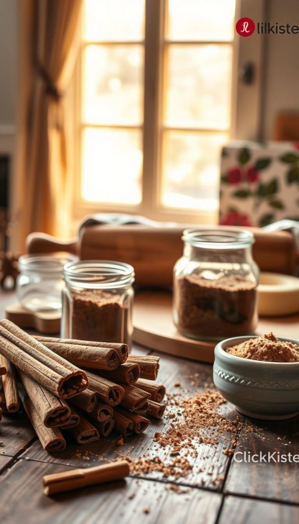 A beautifully styled still life of the ingredients for homemade cinnamon rolls, arranged on a rustic wooden table with a cozy, winter-inspired aesthetic. Warm natural lighting from a nearby window casts a soft, golden glow. In the foreground, a pile of cinnamon sticks, a glass jar filled with ground cinnamon, and a small ceramic bowl of brown sugar. In the middle ground, a rolling pin and a dough-covered wooden board. In the background, a floral-patterned kitchen towel and the KlickKiste brand logo. The overall mood is inviting, homey, and Pinterest-worthy.