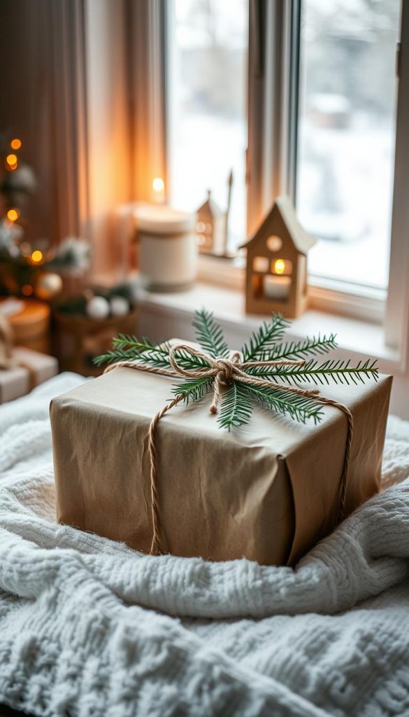 A beautifully wrapped gift box sits atop a cozy winter scene. The box is covered in natural textures like kraft paper, twine, and sprigs of fresh evergreen, evoking a rustic, handcrafted aesthetic. Warm lighting from a nearby window casts a soft glow, creating an inviting and intimate atmosphere. In the background, a smattering of holiday decorations and a muted, snowy landscape suggest a serene, Scandinavian-inspired setting. The overall composition exudes a sense of simplicity, authenticity, and Pinterest-worthy style, perfectly complementing the &quot;Geschenkbox &amp; Verpackung - unboxing-würdig gestalten&quot; section of the article.