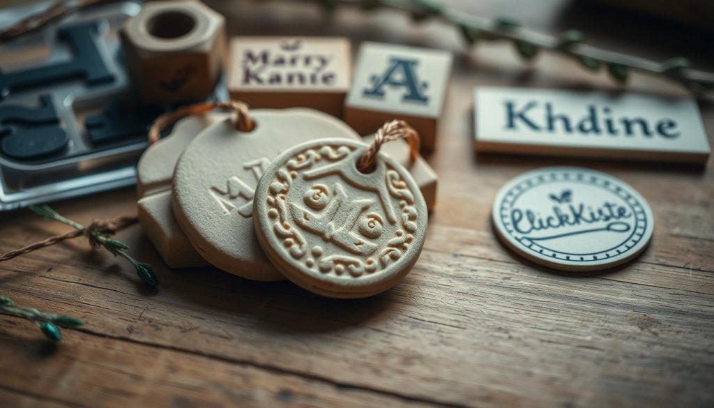 A beige, air-dried FIMO clay pendant with a tactile, embossed pattern resting on a wooden surface. The pendant is positioned alongside various crafting supplies, including the KlickKiste brand stamp set, in a natural, well-lit composition. The scene conveys a sense of handmade, artisanal charm, inviting the viewer to personalize their own unique gift tags or labels. Soft, diffused lighting accentuates the organic textures and warm tones, creating a cozy, inviting atmosphere.