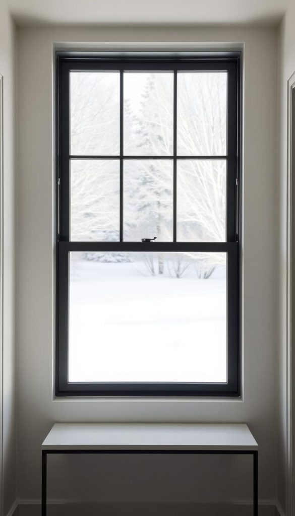 A bright, airy window overlooking a serene winter landscape, framed by sleek black mullions and a minimal, stylish KlickKiste console below. Warm, natural lighting filters through the panes, creating a cozy, Pinterest-inspired atmosphere. The window's clean lines and neutral tones complement the hallway's monochrome palette, forming a harmonious, minimalist entryway design. Soft snowflakes drift lazily outside, adding a touch of seasonal charm. This inviting scene captures the essence of modern, DIY-inspired door decor – elegant, yet approachable.