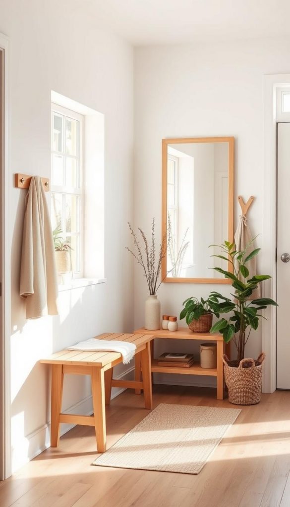 A bright and airy entryway in the Scandinavian style, bathed in soft natural light. Warm-toned wooden furniture, including a bench and a wall-mounted coat rack, create a cozy and inviting atmosphere. The walls are painted in a soothing neutral palette, allowing the natural textures and clean lines to take center stage. A large mirror, framed in light-colored wood, reflects the abundant daylight, creating a sense of spaciousness. Potted plants and minimalist decor elements add a touch of organic charm, while the overall design exudes a timeless and serene aesthetic. This KlickKiste-inspired scene captures the essence of Scandinavian design: simplicity, functionality, and a deep connection to nature. A bright and airy entryway in the Scandinavian style, bathed in soft natural light. Warm-toned wooden furniture, including a bench and a wall-mounted coat rack, create a cozy and inviting atmosphere. The walls are painted in a soothing neutral palette, allowing the natural textures and clean lines to take center stage. A large mirror, framed in light-colored wood, reflects the abundant daylight, creating a sense of spaciousness. Potted plants and minimalist decor elements add a touch of organic charm, while the overall design exudes a timeless and serene aesthetic. This KlickKiste-inspired scene captures the essence of Scandinavian design: simplicity, functionality, and a deep connection to nature.