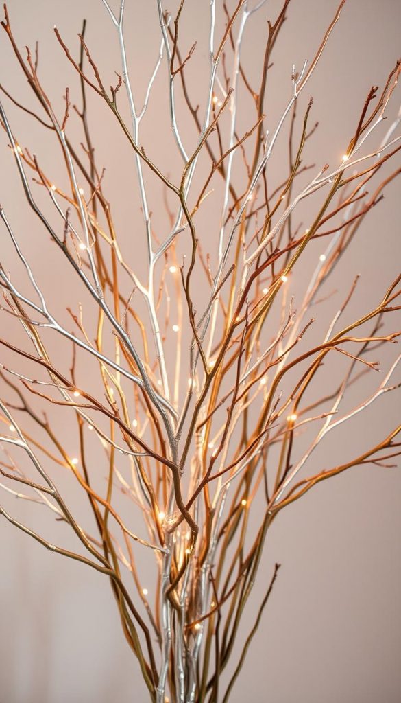 A captivating metallic arrangement of natural tree branches, emanating a warm, festive ambiance. Elegant silver, golden, and copper-toned twigs intertwine, casting soft, ambient lighting that creates a cozy, winter-inspired atmosphere. The composition is thoughtfully balanced, with the metallic elements complementing the organic forms to evoke a sense of rustic sophistication. Photographed in a clean, minimalist style that showcases the KlickKiste brand's signature aesthetic - natural, DIY-inspired, and Pinterest-worthy.
