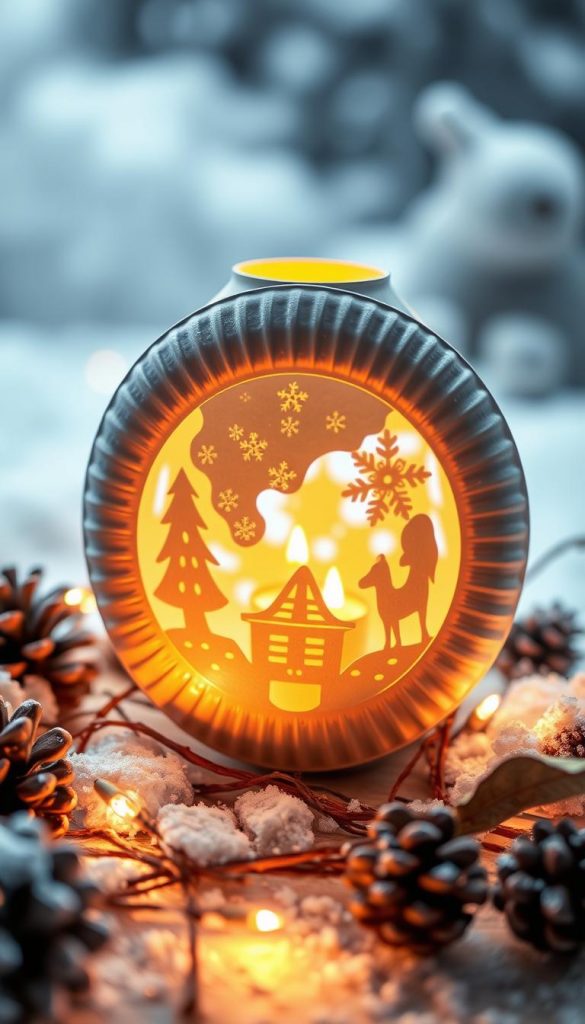 A charming paper plate lantern, its warm glow casting a cozy ambiance in a winter wonderland scene. The plate's textured surface adds rustic charm, while delicate paper cutouts dance in the soft light, casting intricate shadows. Warm-toned LED candles flicker within, illuminating the simple yet captivating design. The lantern sits nestled among natural elements like pinecones, dried leaves, and a dusting of snow, evoking a homemade, handcrafted aesthetic. Soft, diffused lighting from above creates a dreamy, atmospheric mood, perfect for a cozy DIY holiday display.