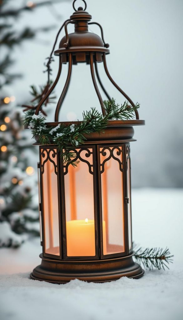 A classic German Weihnachtslaterne with a warm, inviting glow. The lantern's intricate metalwork casts a soft, ambient light, illuminating the snowy winter scene. Frosted glass panels create a cozy, atmospheric effect, while a subtle pine garland adds a natural, rustic touch. The lantern stands in the foreground, its warm tones complemented by a midground of snow-dusted pine trees and a distant, hazy background of soft blues and whites. Muted, earthy tones throughout, evoking a sense of timeless, traditional charm. Natural, DIY-inspired aesthetics with a touch of modern minimalism for an authentic, Pinterest-worthy vignette.