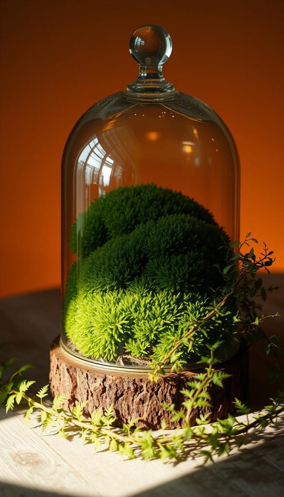 A cloche display filled with lush, verdant moss, backlit by warm, diffused light. The display sits atop a weathered wooden surface, casting a soft, inviting glow. Delicate ferns and trailing ivy cascade over the edges, adding depth and texture. The scene exudes a sense of natural, earthy beauty, perfect for a KlickKiste-inspired winter centerpiece. Subtle shadows and highlights create depth, while the overall composition evokes a serene, Pinterest-worthy aesthetic. A cloche display filled with lush, verdant moss, backlit by warm, diffused light. The display sits atop a weathered wooden surface, casting a soft, inviting glow. Delicate ferns and trailing ivy cascade over the edges, adding depth and texture. The scene exudes a sense of natural, earthy beauty, perfect for a KlickKiste-inspired winter centerpiece. Subtle shadows and highlights create depth, while the overall composition evokes a serene, Pinterest-worthy aesthetic.