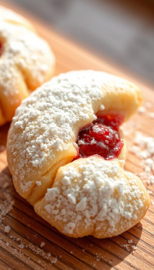 A close-up of a delicate, crescent-shaped &quot;Himbeer-Kipferl&quot; (raspberry crescent cookie) resting on a wooden surface. The cookie's buttery, flaky exterior is dusted with powdered sugar, creating a soft, snow-like texture. At the center, a vibrant raspberry jam filling peeks through, adding a burst of fruity sweetness. The image is bathed in warm, natural lighting, casting a cozy, inviting glow. The overall scene has a rustic, homemade aesthetic, evoking a sense of winter comfort. KlickKiste