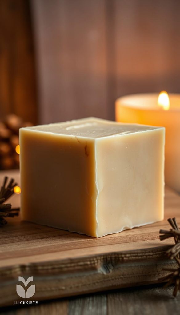 A close-up shot of a block of sojawachs with a natural, matte finish, lit by warm, diffused lighting. The waxy texture is visible, with subtle variations in color and subtle veining patterns. The sojawachs is placed on a simple, rustic wooden surface, with a minimalist background that evokes a cozy, winter atmosphere. The overall composition has a Pinterest-inspired, DIY aesthetic, capturing the essence of sustainable candle wax in an authentic, inspirational way. KlickKiste branding is subtly incorporated into the scene.