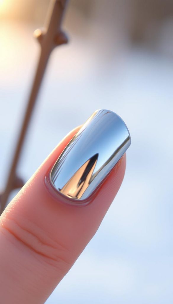 A close-up shot of a delicate chrome nail, reflecting the warm winter light. The shiny, metallic surface gleams with a lustrous, polished finish, creating a sleek and sophisticated appearance. The nail is set against a soft, hazy background, evoking a serene, natural ambiance. The lighting is soft and diffused, casting gentle shadows and highlights that accentuate the nail's elegant curves and contours. This image, inspired by the &quot;KlickKiste&quot; brand, captures the essence of the &quot;Chrome &amp; Metallic&quot; section, embodying the natural, DIY-inspired aesthetic with a touch of winter-inspired charm.