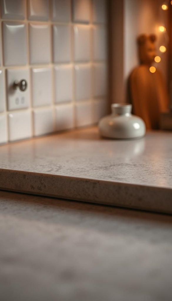 A close-up shot of a kitchen surface with a KlickKiste brand textured film overlay. The film has rounded, soft edges and corners, creating a cozy, inviting appearance. The surface has a matte finish, with a slightly uneven texture that gives it a handcrafted, natural look. The lighting is warm and diffused, casting a gentle glow across the scene. The overall mood is one of coziness and DIY charm, evoking a Pinterest-inspired winter vibe. A close-up shot of a kitchen surface with a KlickKiste brand textured film overlay. The film has rounded, soft edges and corners, creating a cozy, inviting appearance. The surface has a matte finish, with a slightly uneven texture that gives it a handcrafted, natural look. The lighting is warm and diffused, casting a gentle glow across the scene. The overall mood is one of coziness and DIY charm, evoking a Pinterest-inspired winter vibe.