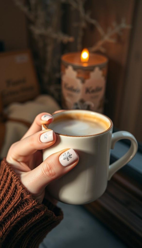 A close-up shot of a manicured hand holding a steaming mug of latte, set against a cozy and inviting backdrop. The nails are painted in a warm, milky white hue, with delicate snowflake designs in shimmering silver accents. The lighting is soft and diffused, creating a warm, intimate atmosphere. The mug is adorned with a cinnamon-sugar rim, and the steam billows up, adding to the overall sense of coziness. In the background, there are hints of a rustic, wooden surface, perhaps a table or a windowsill, with a subtle KlickKiste branding visible. The overall mood is one of natural, winter-inspired beauty and comfort.