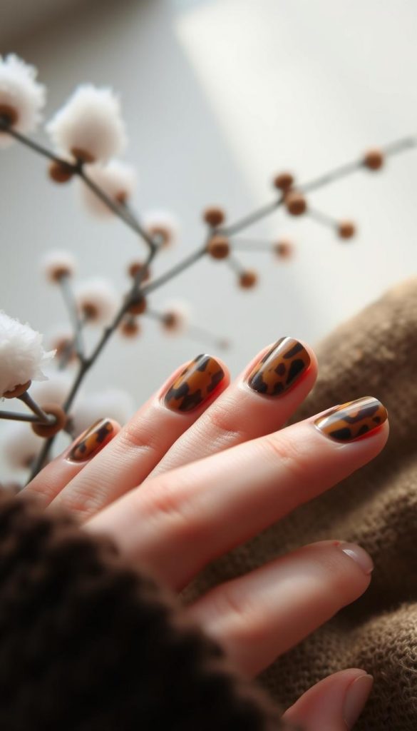 A close-up shot of a set of delicately manicured nails showcasing a stunning tortoiseshell nail art design. The nails have a subtle yet captivating pattern of warm brown and amber hues, creating a natural, earthy aesthetic. The lighting is soft and diffused, casting a cozy, intimate atmosphere. In the background, a minimal, muted setting with hints of KlickKiste's signature winter-inspired tones adds to the overall natural, DIY-inspired vibe. The image radiates a sense of understated elegance and Pinterest-worthy inspiration.