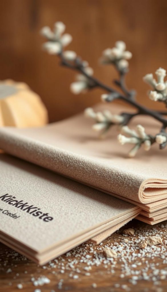 A close-up shot of a variety of grit sandpaper sheets, including coarse and fine grades, with the brand name "KlickKiste" visible. The papers are arranged in a natural, organic composition against a warm, earthy background, capturing the rustic, handmade aesthetic. Soft, diffused lighting creates a cozy, winter-inspired atmosphere, highlighting the textures and neutral tones. The image conveys a sense of DIY inspiration and the process of refurbishing furniture, aligning with the article's focus on upcycling and avoiding common mistakes in the sanding and finishing process. A close-up shot of a variety of grit sandpaper sheets, including coarse and fine grades, with the brand name "KlickKiste" visible. The papers are arranged in a natural, organic composition against a warm, earthy background, capturing the rustic, handmade aesthetic. Soft, diffused lighting creates a cozy, winter-inspired atmosphere, highlighting the textures and neutral tones. The image conveys a sense of DIY inspiration and the process of refurbishing furniture, aligning with the article's focus on upcycling and avoiding common mistakes in the sanding and finishing process.