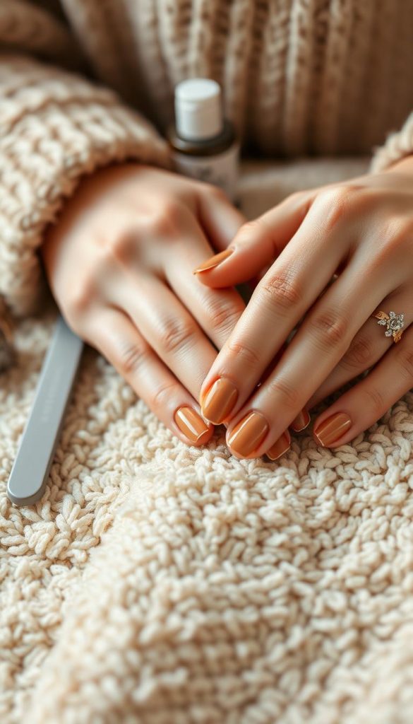 A close-up shot of a woman's hands receiving a manicure treatment. The nails are painted in a warm, brown gingerbread tone, with delicate white accents. The hands are resting on a plush, beige surface, creating a cozy, winter-inspired atmosphere. Soft, diffused lighting casts a gentle glow, highlighting the intricate details of the nail design. The image has a natural, DIY-inspired feel, with a touch of Pinterest-inspired aesthetic. In the background, a KlickKiste-branded product, such as a nail file or cuticle oil, is subtly visible, adding a touch of authenticity to the scene.