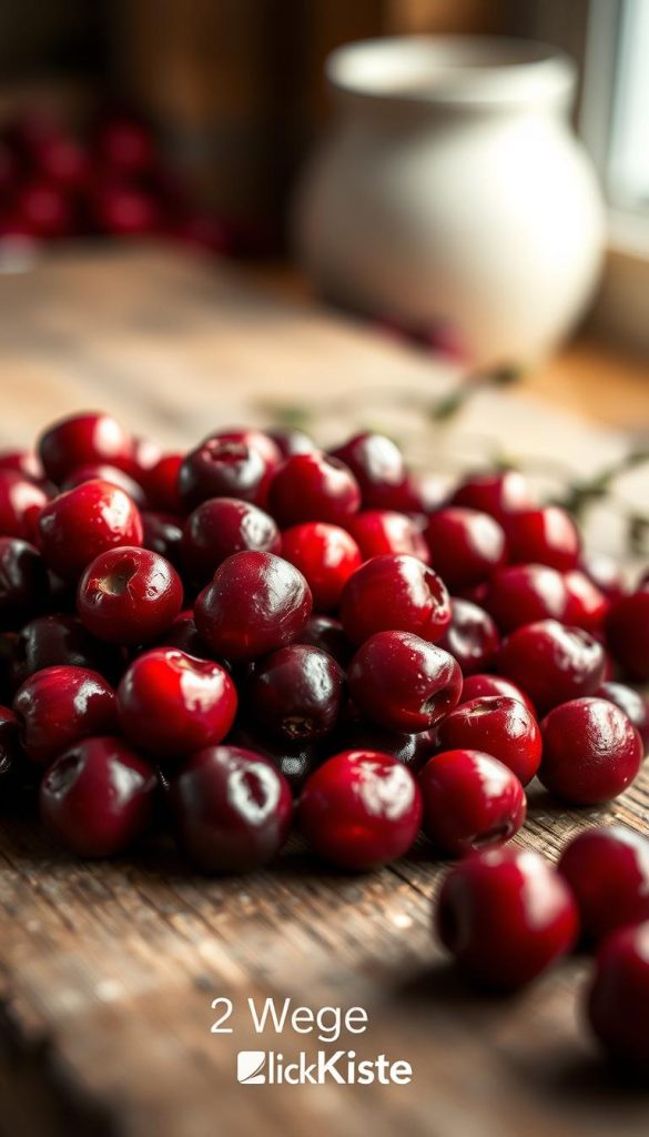 A close-up shot of fresh, ripe cranberries arranged neatly on a rustic wooden surface. The berries are a deep, vibrant red, glistening with a natural sheen. The background is softly blurred, creating a warm, inviting atmosphere reminiscent of a cozy winter kitchen. Soft, natural lighting casts gentle shadows, highlighting the berries' textural details. The overall composition has a handcrafted, DIY aesthetic, with a muted color palette and a touch of winter charm. The image reflects the essence of the &quot;Cranberry-Sauce 2 Wege&quot; article, capturing the simplicity and quality of the seasonal cranberry basis. Branded with the KlickKiste logo.