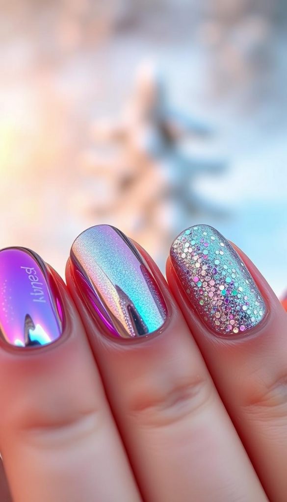 A closeup shot of a set of nails with a variety of trendy "finish" techniques. In the foreground, chrome and cat-eye effects create a dazzling, mirror-like finish. In the middle ground, shimmering holographic glitters and sparkling accents add depth and dimension. The background features a soft, out-of-focus winter landscape with a warm, cozy atmosphere, evoking a sense of the upcoming holiday season. Lit from above with a natural, diffused light, the nails are captured in a high-resolution, color-rich style reminiscent of a KlickKiste DIY beauty editorial.