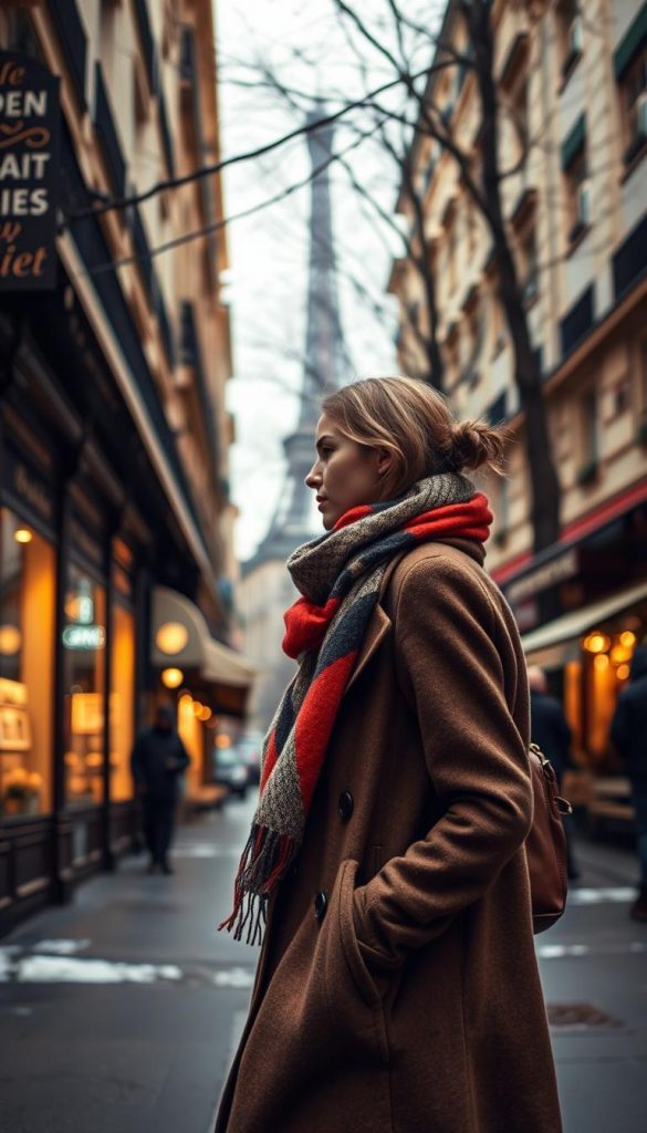 A cold winter day in the picturesque streets of Paris. A fashionable figure strolls by, wrapped in a cozy wool coat and a vibrant scarf. The light gently filters through the overcast sky, casting a soft, romantic glow on the scene. In the background, the iconic Parisian architecture and charming cafes create a timeless, atmospheric backdrop. The model's effortless Parisian chic, with hints of layered textures and muted tones, embodies the spirit of the city in the colder months. The image captures the essence of Parisian street style, inspiring warm, natural, and Pinterest-worthy winter looks.