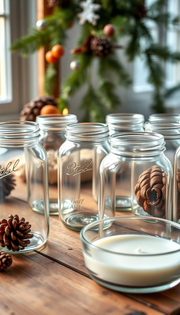 A collection of clean, odorless glass jars and vessels sit neatly arranged on a rustic wooden table. Soft natural light filters through the glass, casting warm, inviting reflections. The jars have been thoroughly cleaned and prepared, ready to be filled with scented candle wax. In the background, a cozy winter scene with fir branches and pine cones hints at the festive &amp;quot;Vanille, Fichte &amp;amp; Orange&amp;quot; theme. The overall mood is one of coziness and DIY inspiration, captured in the signature KlickKiste style - authentic and Pinterest-worthy.