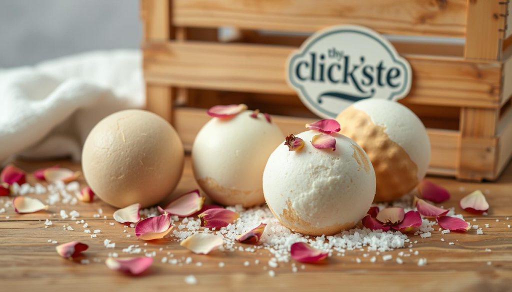 A collection of handcrafted bath bombs in soothing hues of beige, white, and natural wood tones rest upon a rustic wooden surface. The bath bombs, made with pure, high-quality ingredients, are adorned with delicate rose petals and a sprinkling of coarse sea salt, creating a luxurious and relaxing spa-like atmosphere. In the background, a wooden crate with the &quot;KlickKiste&quot; logo serves as a charming DIY prop, hinting at the homemade nature of these indulgent bath treats. Soft, diffused lighting casts a warm, inviting glow, capturing the essence of self-care and the joy of creating personalized wellness gifts.
