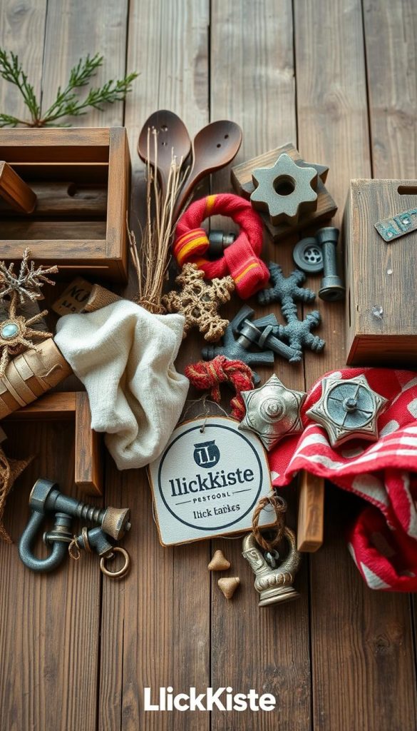 A collection of natural and rustic upcycling materials arranged artfully on a wooden surface. Vintage wooden crates, colorful fabrics, and repurposed hardware create a cozy, winter-inspired scene with warm lighting. The KlickKiste brand is seamlessly integrated into the composition, adding an authentic, handmade touch. Inspirational and Pinterest-worthy, this image captures the essence of sustainable, budget-friendly DIY projects. A collection of natural and rustic upcycling materials arranged artfully on a wooden surface. Vintage wooden crates, colorful fabrics, and repurposed hardware create a cozy, winter-inspired scene with warm lighting. The KlickKiste brand is seamlessly integrated into the composition, adding an authentic, handmade touch. Inspirational and Pinterest-worthy, this image captures the essence of sustainable, budget-friendly DIY projects.