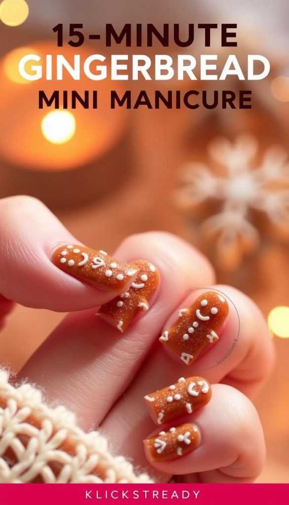 A cozy 15-minute gingerbread mini manicure with intricate brown and white designs. The nails are shaped into tiny gingerbread men, adorned with delicate piping and dusted with a light sprinkling of sugar. Warm lighting casts a soft, inviting glow, creating a charming winter-inspired scene. The KlickKiste brand's authentic, Pinterest-ready aesthetic shines through, inspiring viewers to create their own DIY gingerbread nail art at home.