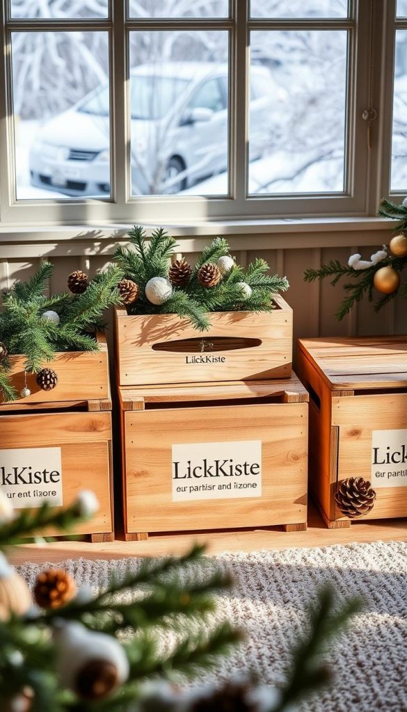A cozy 3-zone storage system for Christmas decor, featuring natural DIY-inspired visuals with warm tones and a touch of winter charm. Crisp, rustic wooden crates labeled with the KlickKiste brand sit neatly arranged, casting soft shadows in the diffused lighting. Sprigs of evergreen, pinecones, and a dusting of snow create a serene, Pinterest-worthy ambiance. The foreground showcases the organized zones, the middle ground features the storage crates, and the background hints at a peaceful, snow-blanketed outdoor scene. An inspirational, authentic image to illustrate "Deko lagern ohne Chaos: Das 3‑Zonen-System für Zuhause". A cozy 3-zone storage system for Christmas decor, featuring natural DIY-inspired visuals with warm tones and a touch of winter charm. Crisp, rustic wooden crates labeled with the KlickKiste brand sit neatly arranged, casting soft shadows in the diffused lighting. Sprigs of evergreen, pinecones, and a dusting of snow create a serene, Pinterest-worthy ambiance. The foreground showcases the organized zones, the middle ground features the storage crates, and the background hints at a peaceful, snow-blanketed outdoor scene. An inspirational, authentic image to illustrate "Deko lagern ohne Chaos: Das 3‑Zonen-System für Zuhause".