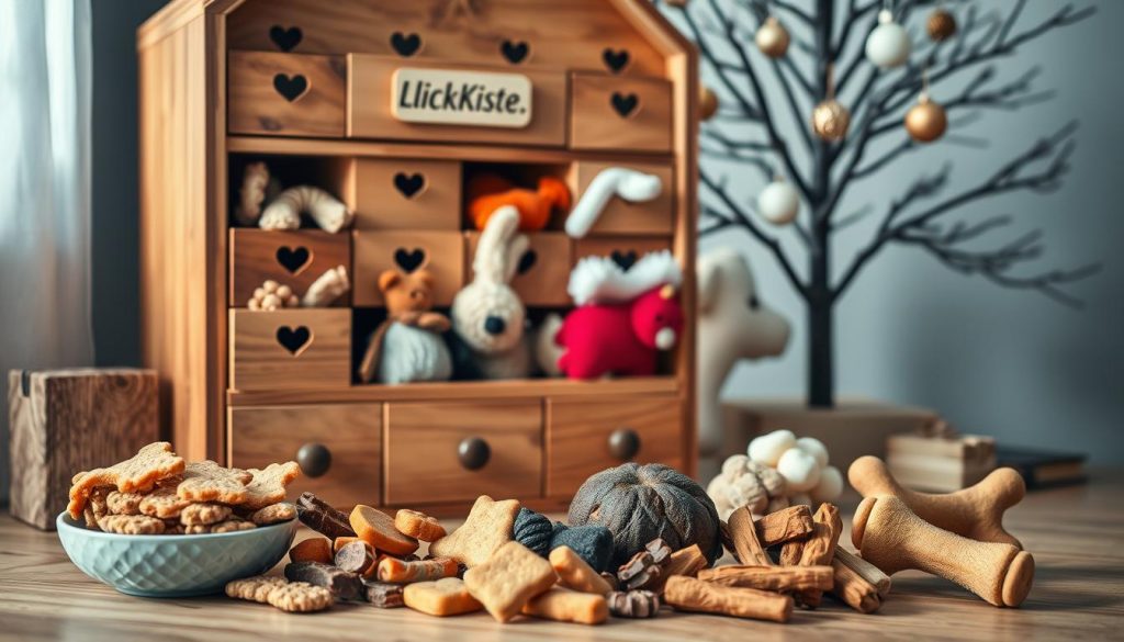 A cozy Adventskalender for dogs, overflowing with natural treats and homemade toys. The calendar is crafted from warm, rustic wood, its drawers adorned with the KlickKiste brand logo. In the foreground, a selection of handmade dog treats - biscuits, dried meats, and chews - are neatly arranged. Behind it, the calendar takes center stage, its compartments filled with plush squeaky toys, rawhide chews, and other interactive playthings. The scene is bathed in soft, natural lighting, evoking a serene, festive atmosphere. The background features a minimalist Christmas tree, its branches dotted with simple ornaments, complementing the earthy tones and DIY aesthetic.