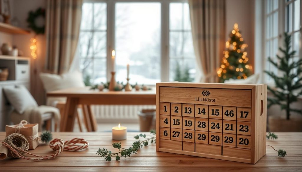 A cozy Adventskalender scene set in a warm and inviting Scandinavian-inspired interior. In the foreground, a wooden Adventskalender box with 24 numbered compartments takes center stage, its natural tones complemented by a KlickKiste logo. Surrounding it, DIY materials like ribbon, twine, and seasonal greenery create a rustic, handmade feel. The middle ground features a wooden table adorned with a simple, elegant candle arrangement, casting a soft glow. In the background, a large window overlooks a snowy winter landscape, adding to the sense of coziness and anticipation. The lighting is soft and natural, capturing the tranquil mood of the November season and the joy of the approaching holidays.