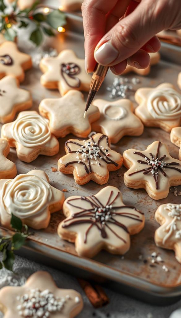 A cozy Christmas baking scene with an assortment of freshly baked vegan &quot;Plätzchen&quot; (traditional German holiday cookies) being decorated by hand. Warm, soft lighting illuminates the delicate pastel-colored cookies adorned with swirls of creamy vegan &quot;Glasur&quot; (icing), drizzles of rich &quot;Kuvertüre&quot; (chocolate), and a sprinkling of festive &quot;Streusel&quot; (sprinkles). The arrangement is styled with natural elements like sprigs of holly, cinnamon sticks, and a vintage &quot;KlickKiste&quot; baking tray, creating a charming, handmade, and inviting winter-inspired aesthetic.