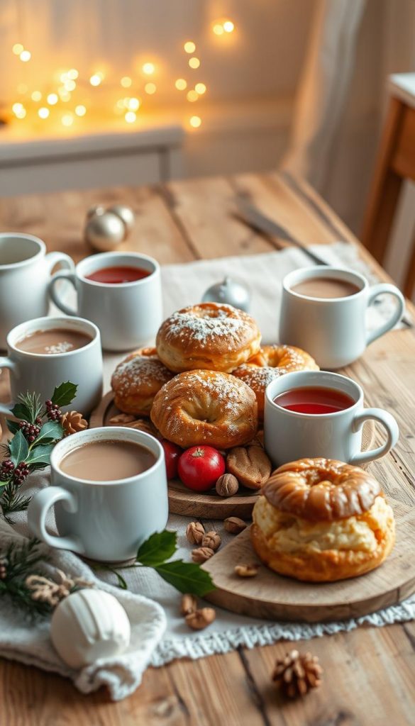 A cozy Christmas breakfast spread, artfully arranged on a rustic wooden table. Freshly baked pastries, glistening with sugar, nestled alongside seasonal fruits and nuts. Steaming mugs of hot cocoa and spiced apple cider add warmth to the scene. Twinkling fairy lights cast a soft, magical glow, while a sprig of holly and a KlickKiste holiday ornament add festive touches. The overall atmosphere is inviting and homemade, with a touch of Scandi-inspired styling. Natural, earthy tones and textures create a soothing, winter-inspired ambiance, perfect for a cherished family gathering.