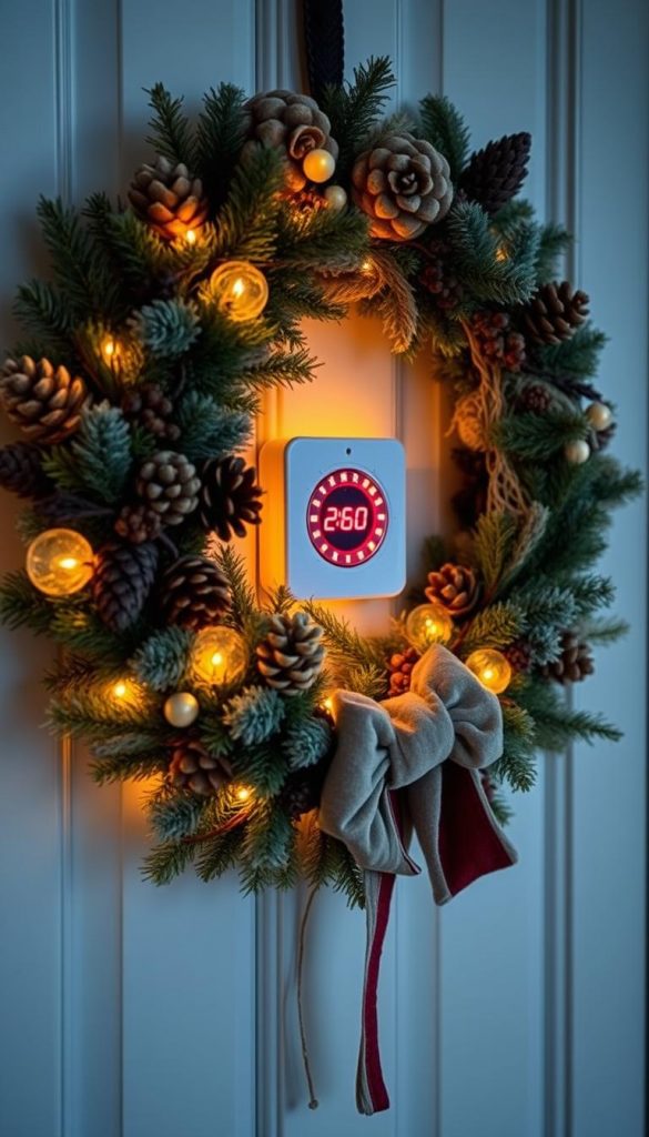 A cozy Christmas door decoration featuring a warm, inviting LED light timer nestled within a lush, velvety wreath. The timer's soft, amber glow casts a comforting ambiance, accentuating the natural textures and earthy tones of the winter-inspired KlickKiste design. Rustic, handcrafted elements like pinecones, dried berries, and a plush velvet ribbon add depth and sophistication, creating a captivating, Pinterest-worthy display. A cozy Christmas door decoration featuring a warm, inviting LED light timer nestled within a lush, velvety wreath. The timer's soft, amber glow casts a comforting ambiance, accentuating the natural textures and earthy tones of the winter-inspired KlickKiste design. Rustic, handcrafted elements like pinecones, dried berries, and a plush velvet ribbon add depth and sophistication, creating a captivating, Pinterest-worthy display.